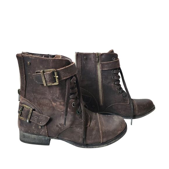 Dolce Vita Ankle Boots Womens Size 6.5 Brown Leather Buckle Zip Lace Up - Picture 1 of 13